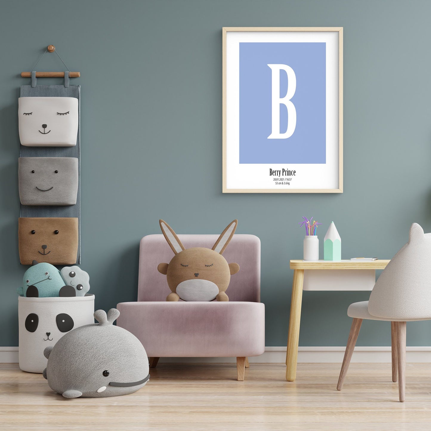 Letter Birth Poster Happy Buddy 30X40 Blue Black