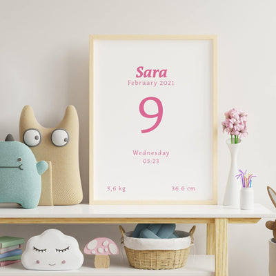 Number Birth Poster Happy Buddy 30X40 Pink No Frame
